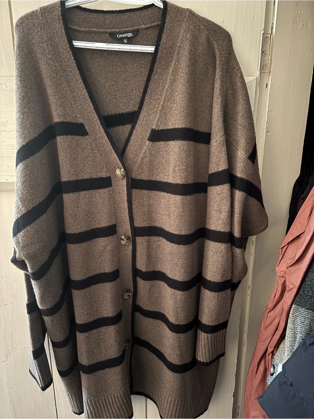 George Taupe and Black Striped Button-Up Sweater Cardigan